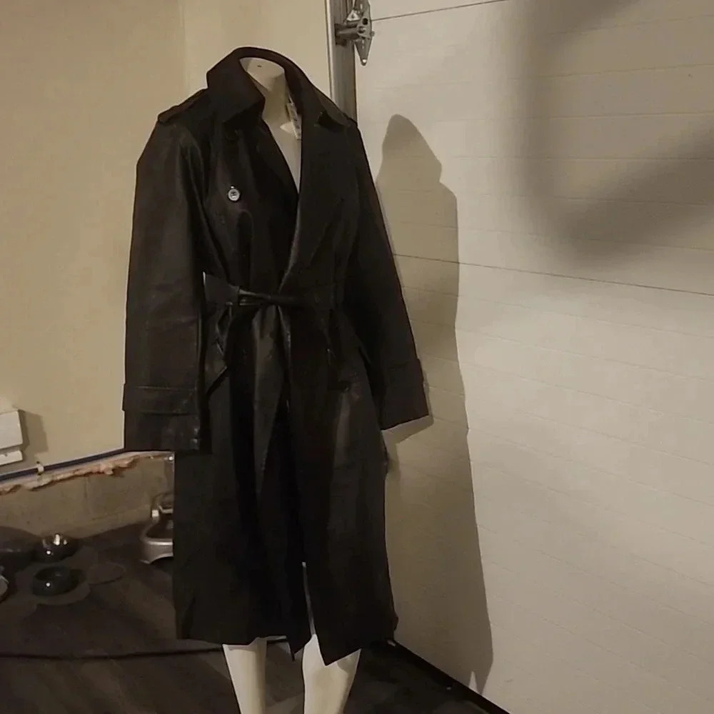 MAX STUDIOS FAUX LEATHER BROWN LONG DOUBLE BREASTED BELTED TRENCH COAT SIZE M